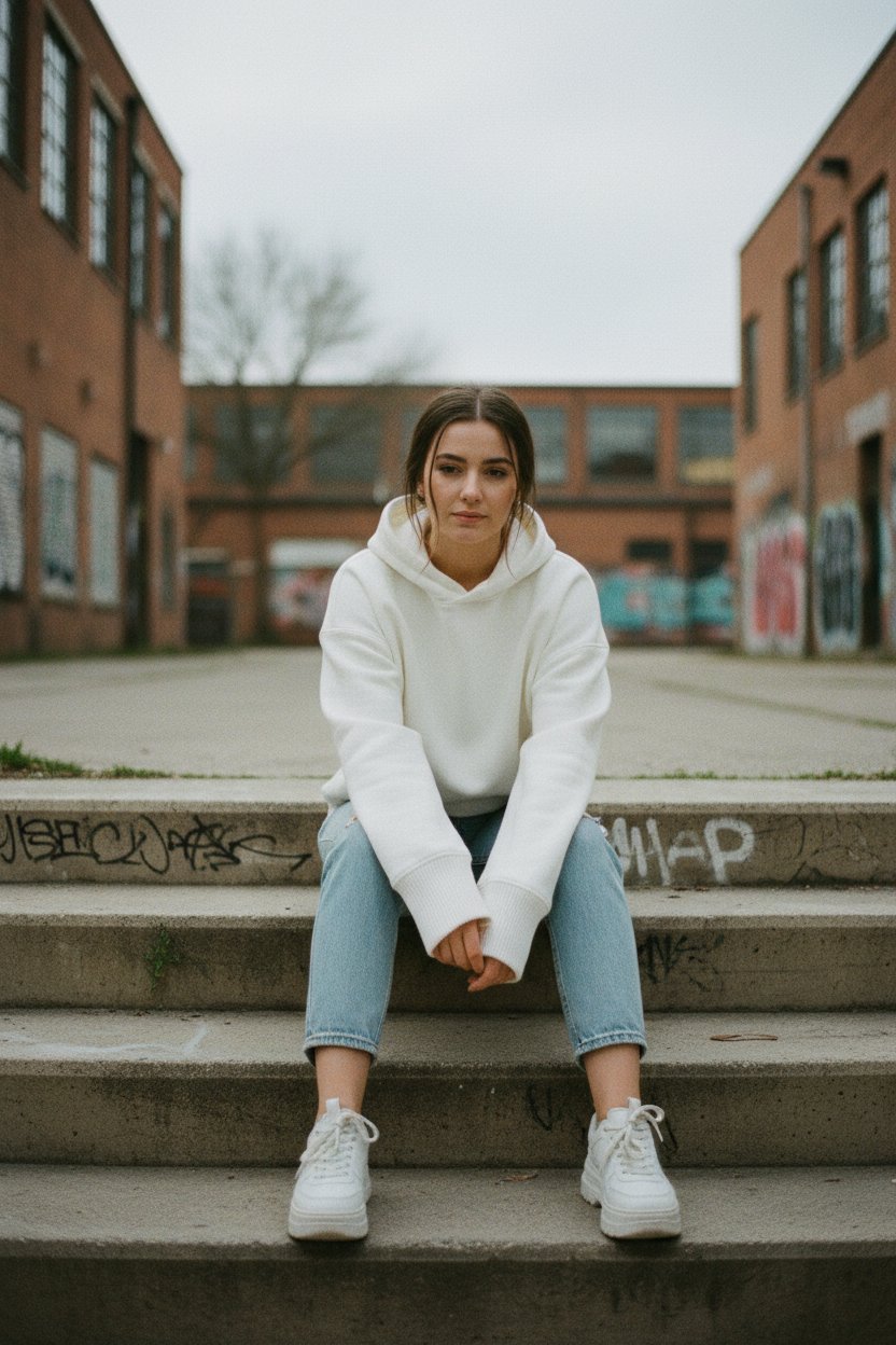 Hoodie Blanc - Lifestyle assis